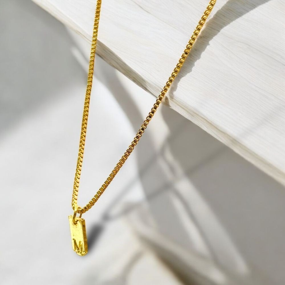 Gold Initial Pendant Necklace Textured Rectangular Bar Box Chain Personalized